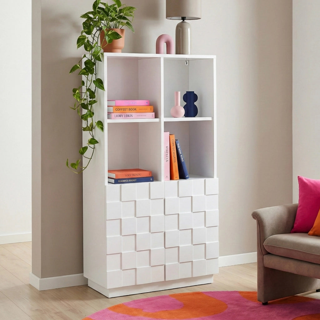 Armadio Comò Alto Bopibobro a 2 Ante Credenza con 4 Ripiani Aperti e 4 Vani Chiusi 118 x 64 x 30 cm - Bianco [en.casa]