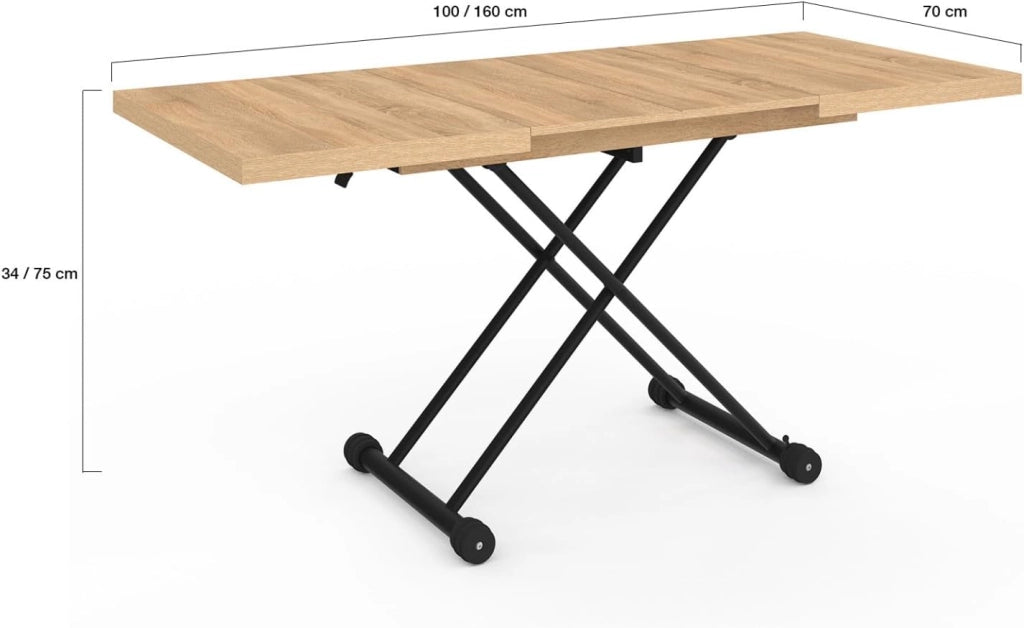 Tavolino di design industriale in legno e nero ALTURA, allungabile e trasformabile in tavolo da pranzo rettangolare