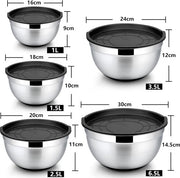 Set di contenitori in acciaio inossidabile, 5 pezzi, con coperchio nero e fondo in silicone, multifunzionale, ripiegabile, idoneo per lavastoviglie, capacità 6,6 l / 3,5 l / 2,5 l / 1,5 l / 1 l