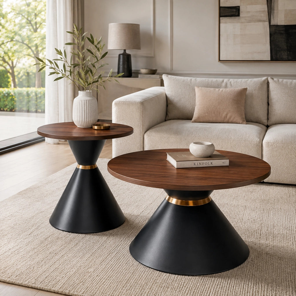 Set di 2 tavolini da caffè con design conico; in metallo; walnut e nero