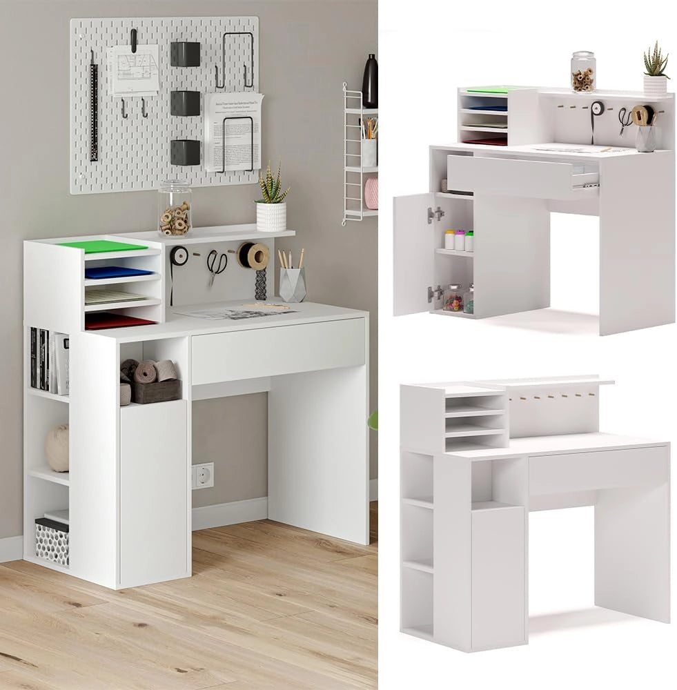 Scrivania, Bianco, 100 x 50 cm, con piano d’appoggio aperto per materiali da lavoro