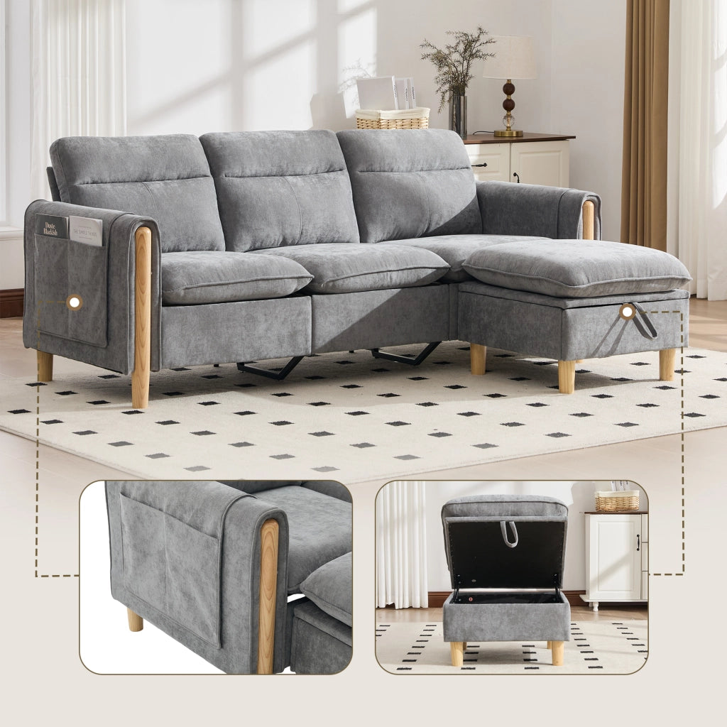 Divano ad angolo reversibile a 3 posti con contenitore e tasche laterali in Chenille Grigio chiaro