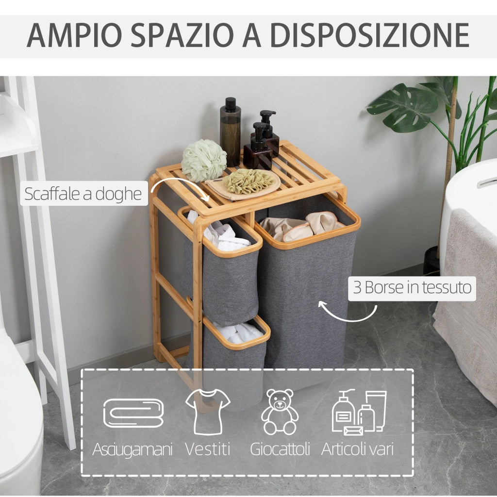 Cesto Portabiancheria 3 Scomparti Estraibili 50x32x69,7 cm in Tessuto e Bambù