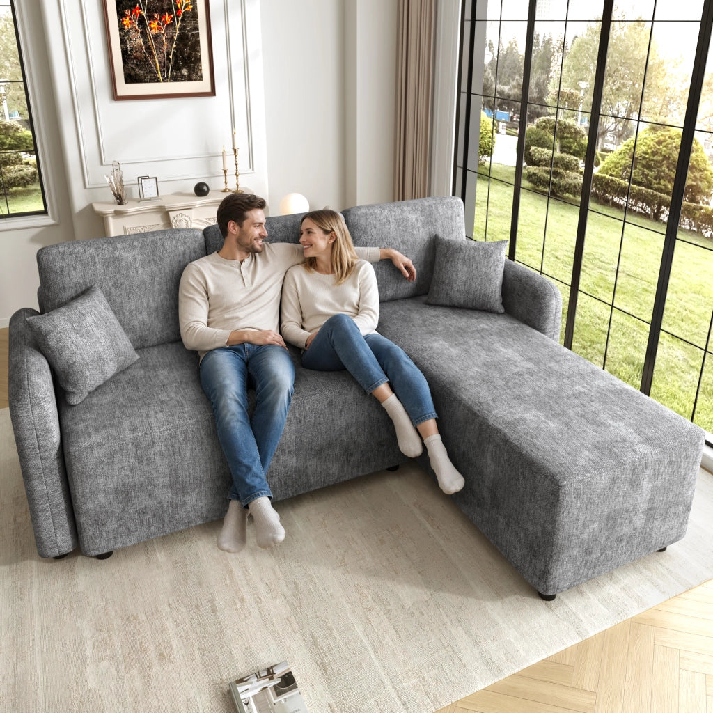 Divano angolare a L a 3 posti con area relax e 2 cuscini in ciniglia con struttura in legno massello grigio