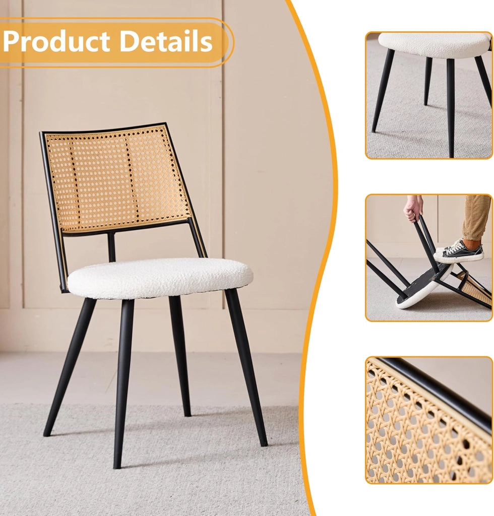 GrandCA HOME Set di 4 Sedie con Seduta Imbottita in Rattan,Struttura in Metallo Nero e Schienale in Rattan Naturale. Adatto a Cucina,Soggiorno, Sala da Pranzo e camera da letto #02