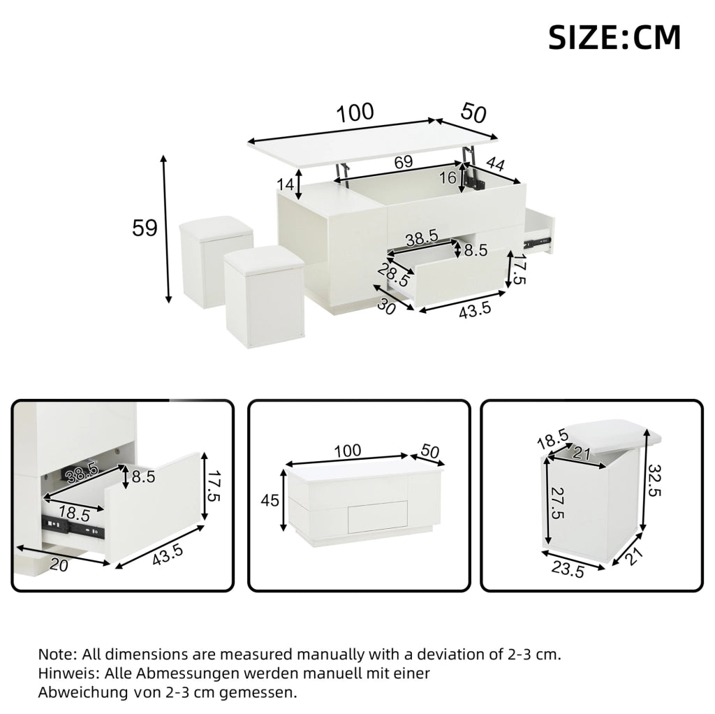 Tavolino da salotto sollevabile 100x50x45 cm in truciolare bianco con LED; 2 cassetti e 2 sgabelli