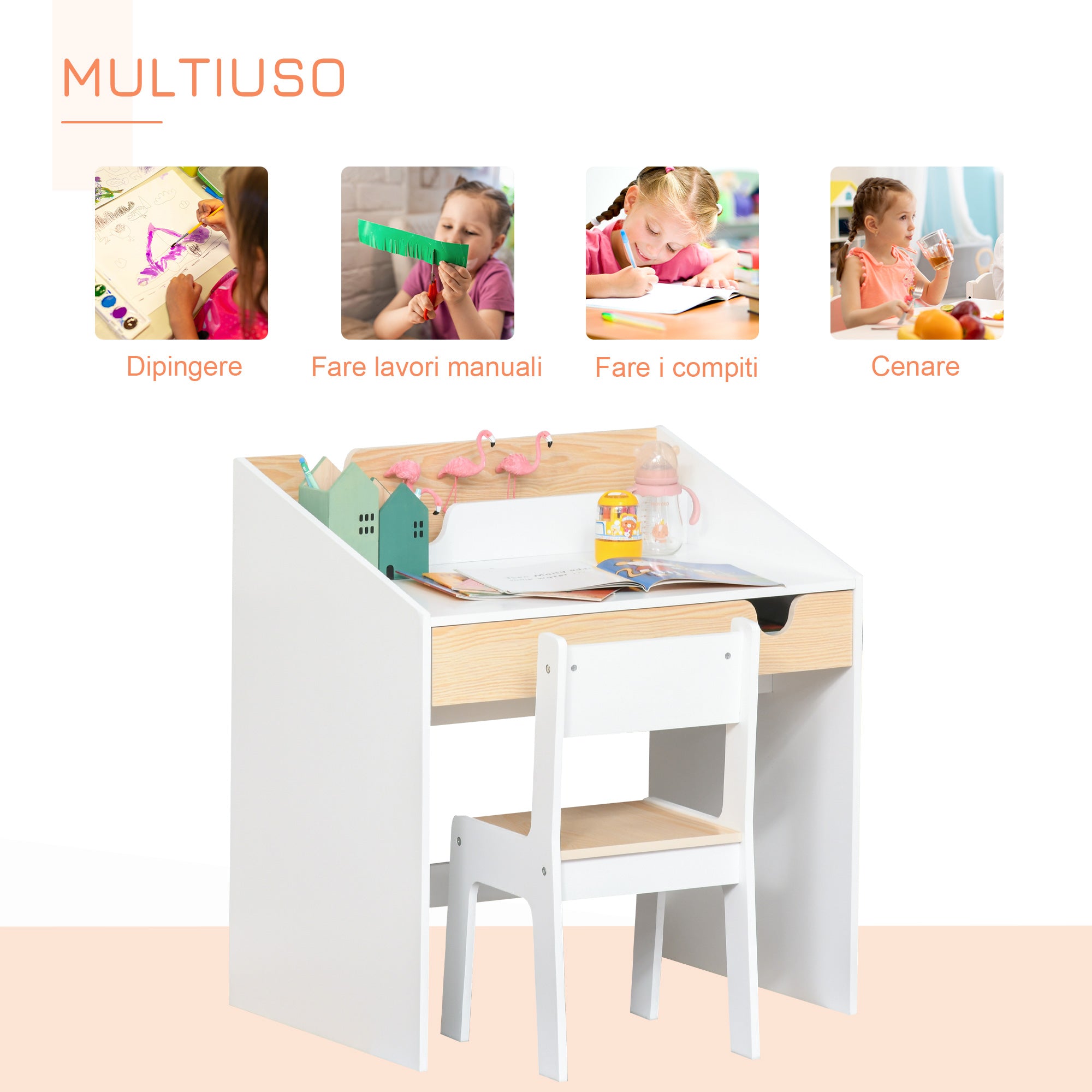 Set Scrivania e Sedia per Bambini con Cassetto e Scaffale in MDF Bianco e Legno