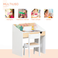 Set Scrivania e Sedia per Bambini con Cassetto e Scaffale in MDF Bianco e Legno
