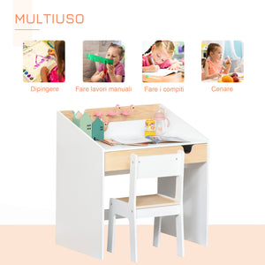 Set Scrivania e Sedia per Bambini con Cassetto e Scaffale in MDF Bianco e Legno