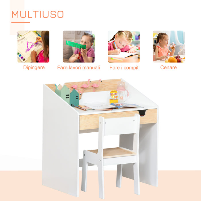 Set Scrivania e Sedia per Bambini con Cassetto e Scaffale in MDF Bianco e Legno