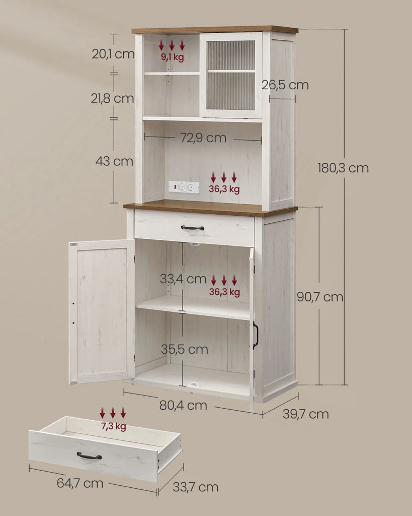 Mobiletto portaoggetti con luci e caricabatterie mobiletto da cucina con ante e cassetti mobiletto portaoggetti/caffè ripiani regolabili 39,7 x 80,4 x 180,3 cm stile country bianco 12_0006414