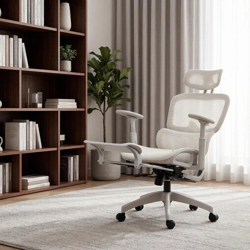 Sedia da ufficio ergonomica in mesh con poggiatesta regolabile, supporto lombare e poggiapiedi beige