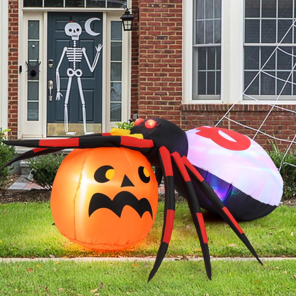 Ragno gonfiabile con zucca da 150x140cm, Decorazione di halloween illuminata con led e luce rotante colorata-Halloween