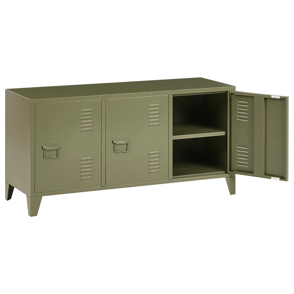 Credenza in acciaio, 3 ante, ripiani regolabili verde stile industriale home office