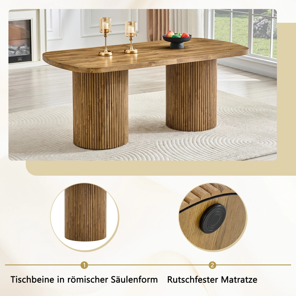 Tavolo da pranzo ovale in MDF con base cilindrica scanalata, stile mid-century, per cucina e sala da pranzo, 180 × 90 × 76 cm