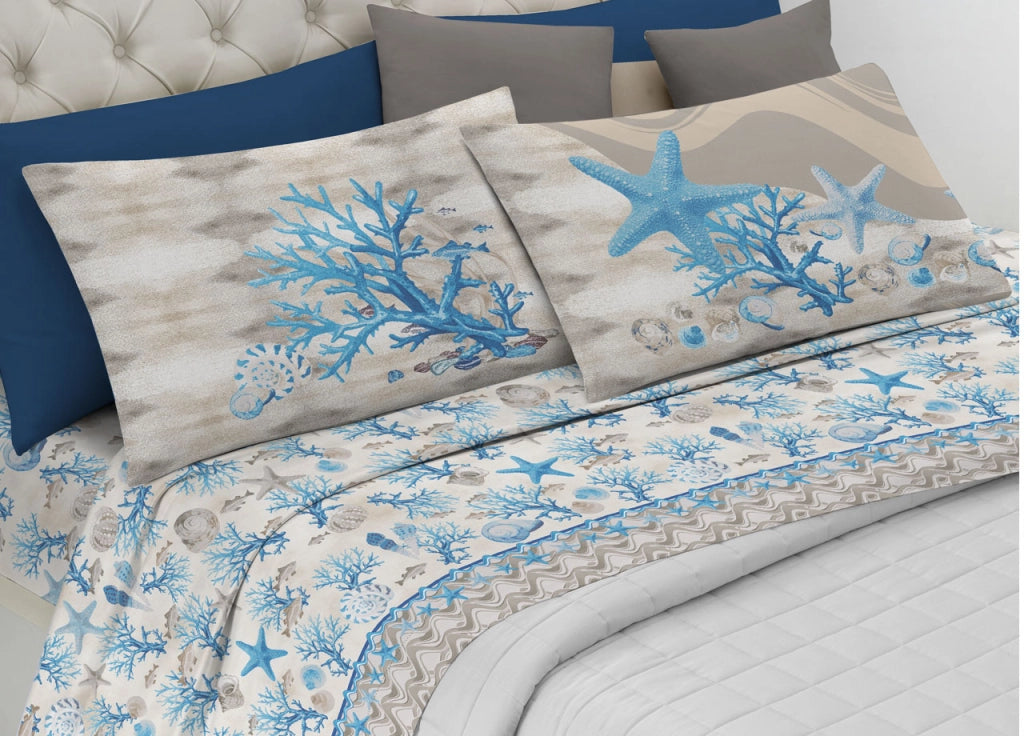 Completo Lenzuola Letto Pensieri Delicati 100% Cotone Dis. Marina New - Singolo - Azzurro