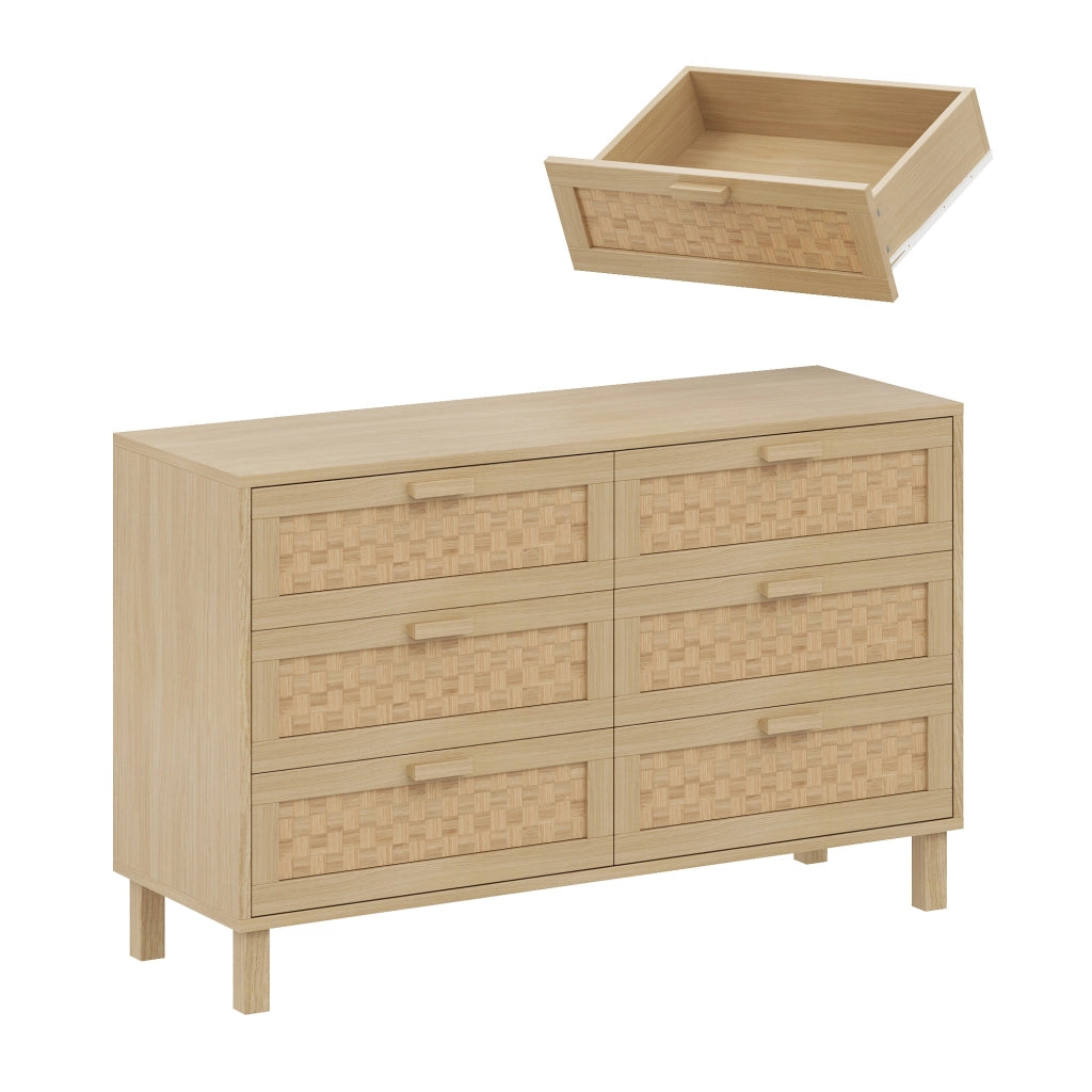 Credenza con 6 Cassetti; Frontali Effetto Rattan; Stile Naturale; in Pannello di Truciolare; 120??40??75 cm; Naturale