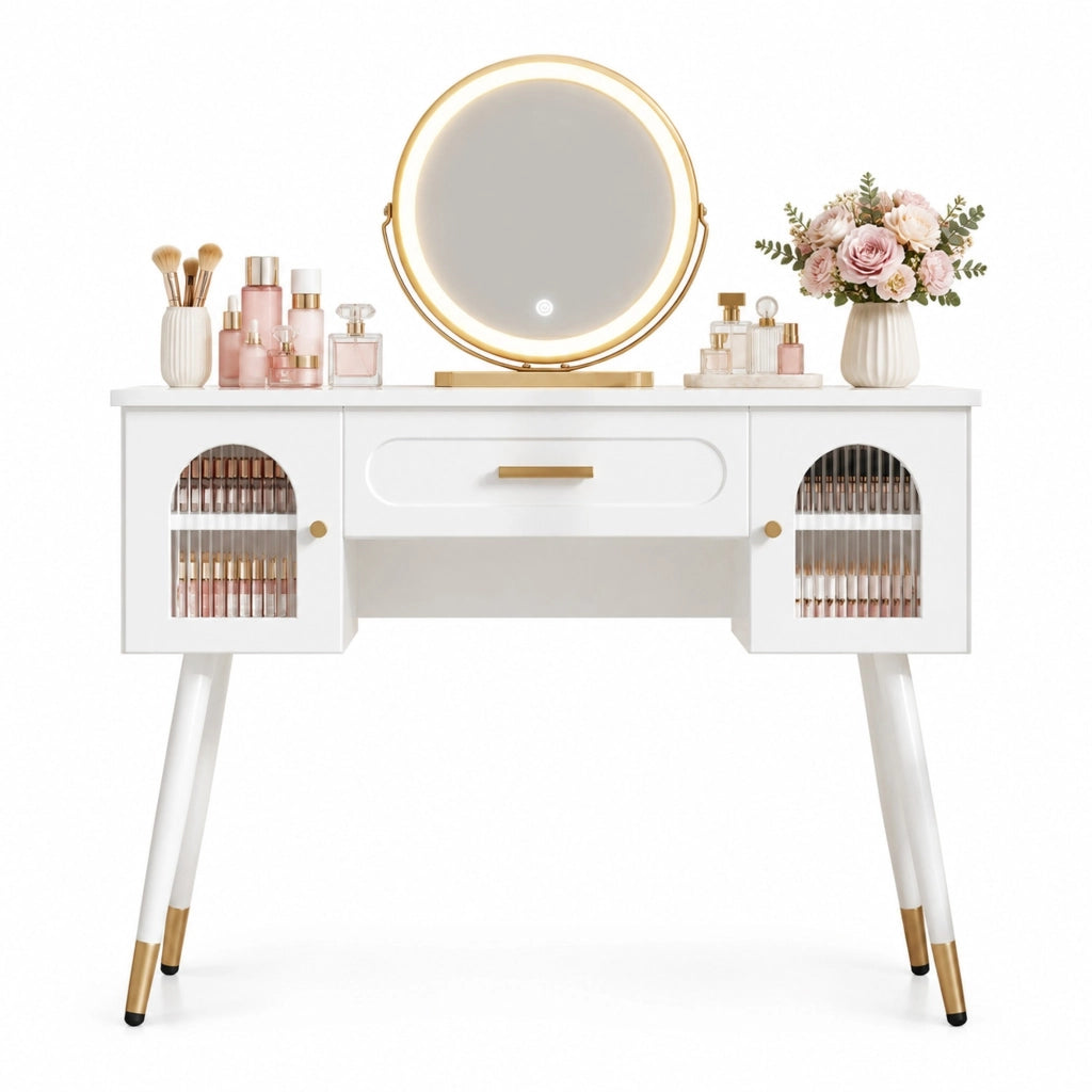 Toeletta 100x42x112 cm bianca e oro in truciolato, specchio LED e 2 ante