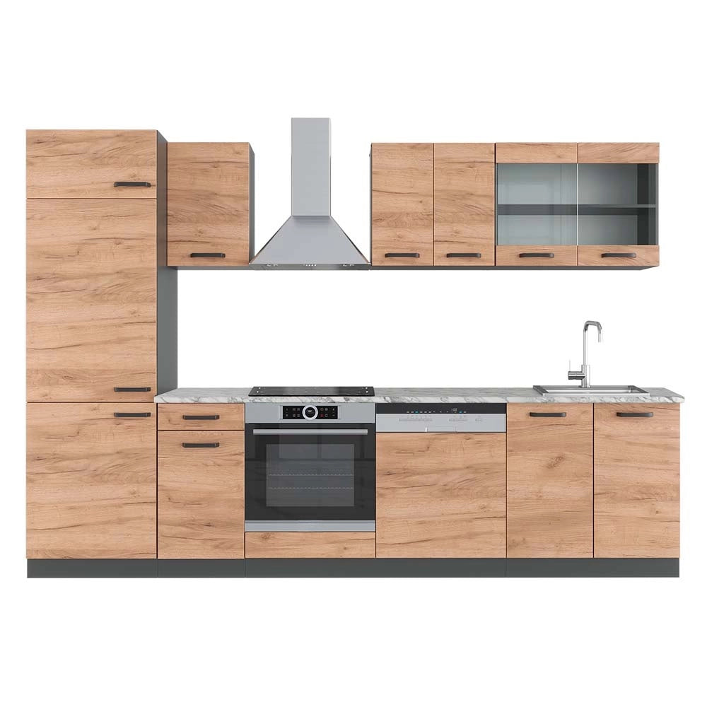 Cucina componibile R-Line Rovere dorato/Antracite 300 cm, PL Marmo Vicco
