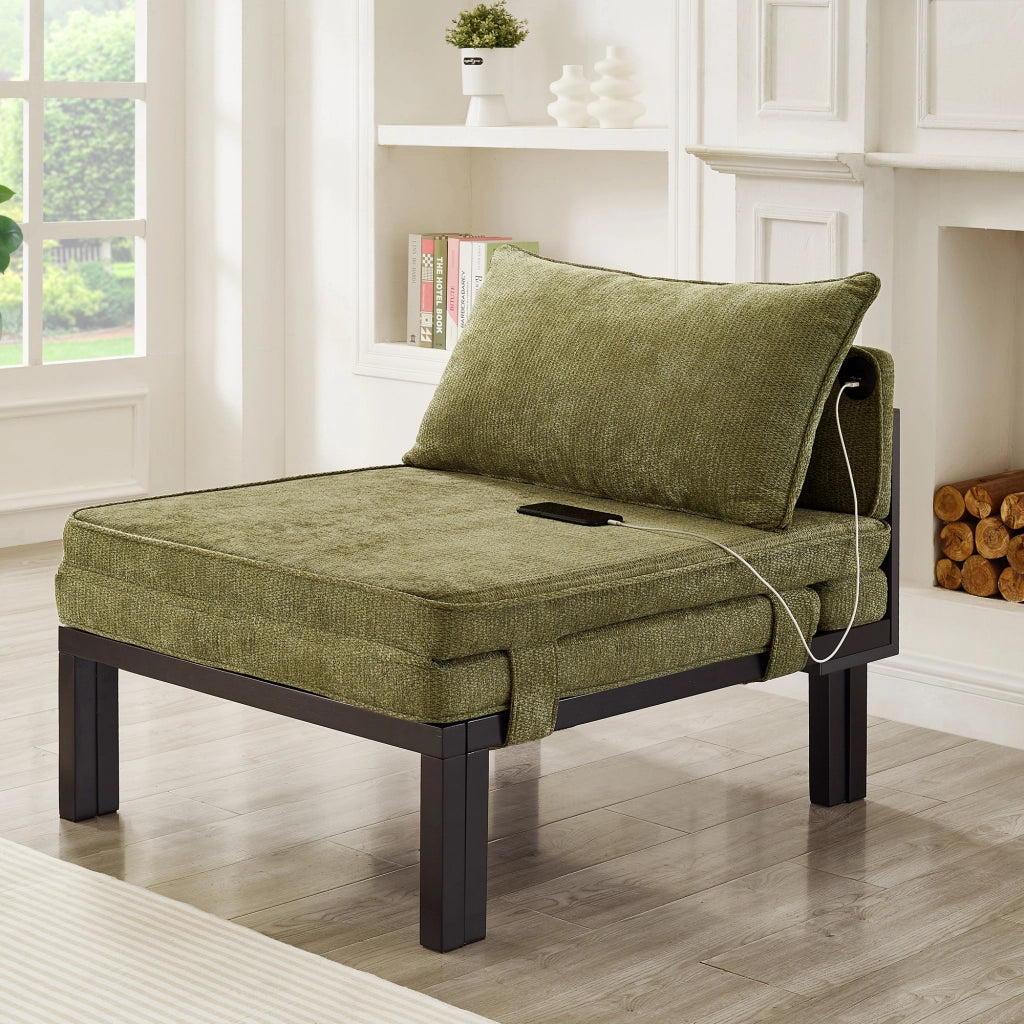 DIVANO LETTO pieghevole singolo 98x82x16 cm Velluto Verde USB Type-C
