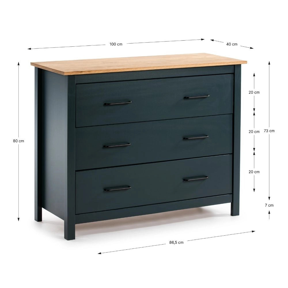 Comò Miranda in legno massiccio blu e pino 100x40x80H – Stile Elegante e Robusto