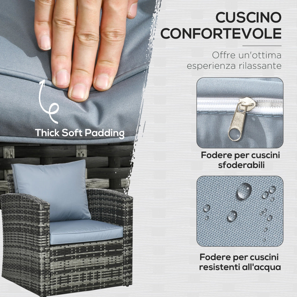 Set da Esterno 6 Pezzi con 2 Tavolini Contenitore, 2 Divani e 2 Poltrone, in Rattan e Acciaio, Grigio