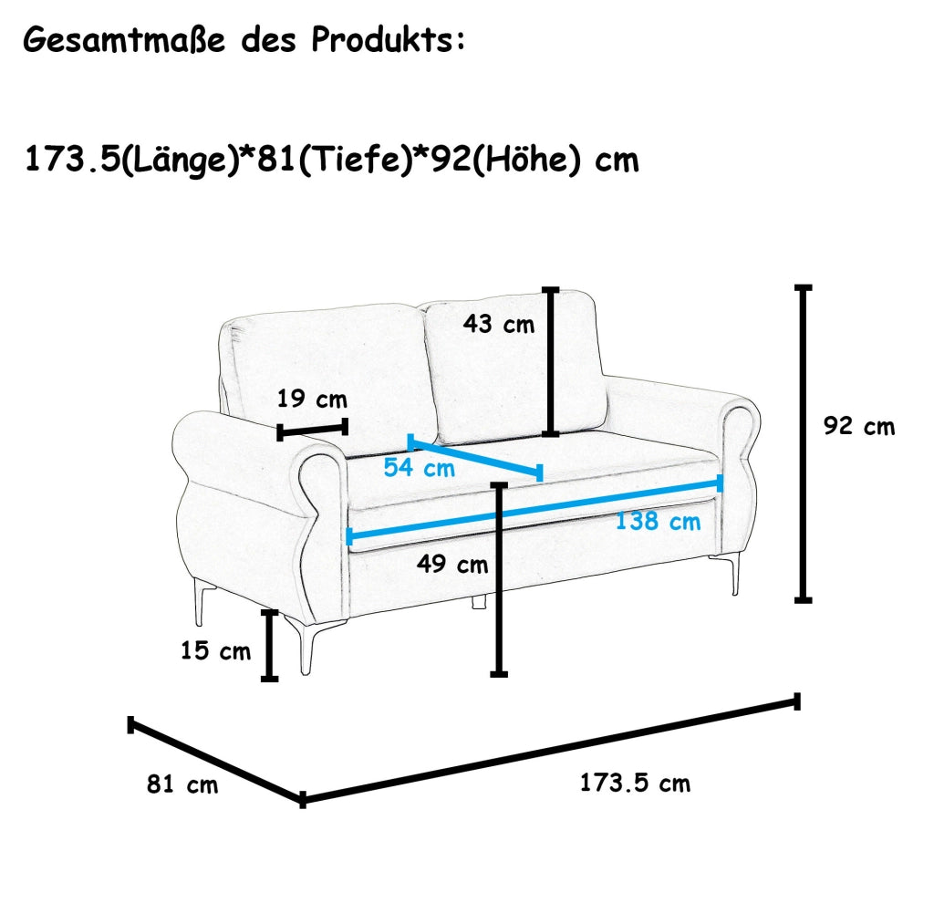Divano 2 posti 173,5x81x92 cm grigio scuro – fodere sfoderabili, tessuto e metallo-legno