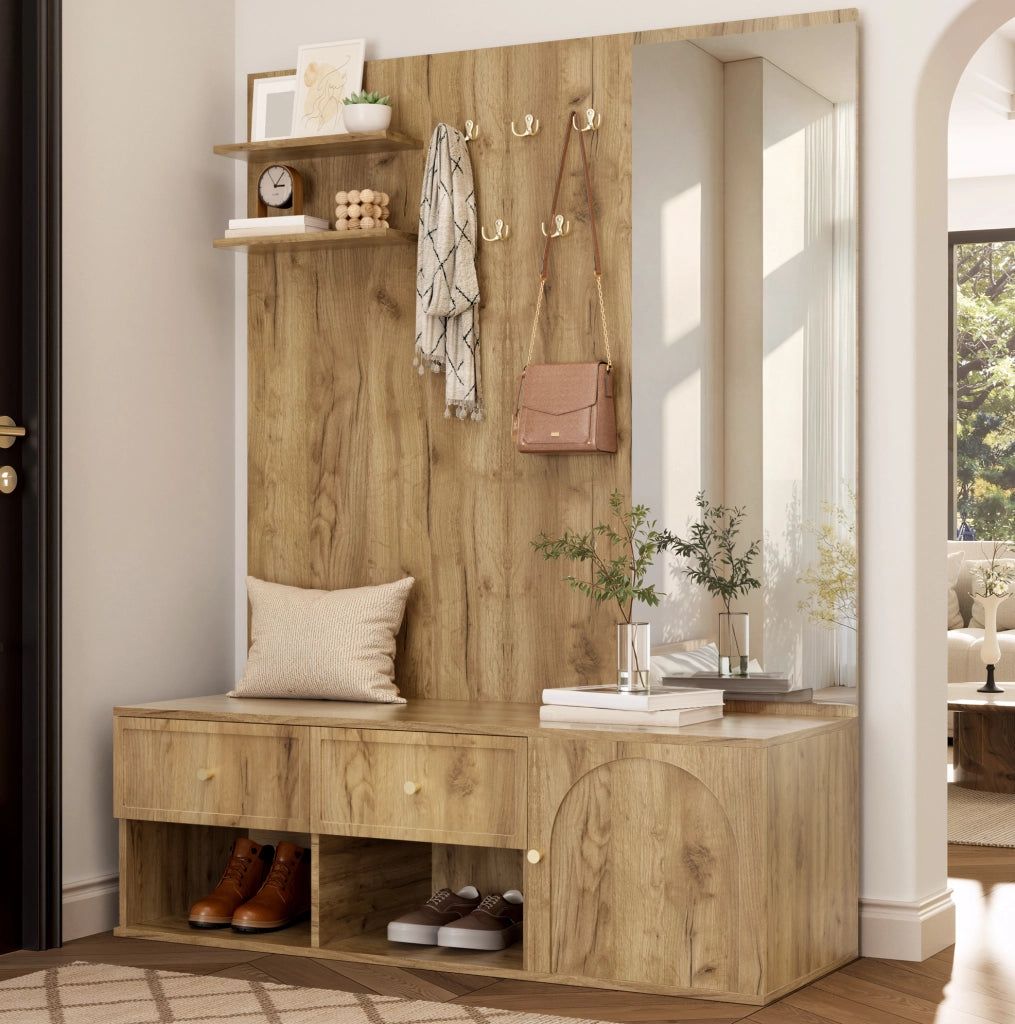 Set guardaroba multifunzione da ingresso con specchio e 5 ganci
