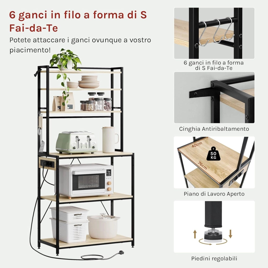 Scaffale da Cucina a 6 Livelli con Prese di Corrente, Scaffale per Microonde con Struttura in Metallo e Piano di Lavoro Aperto, Nero+Rovere Chiaro, 80x39,5x167cm