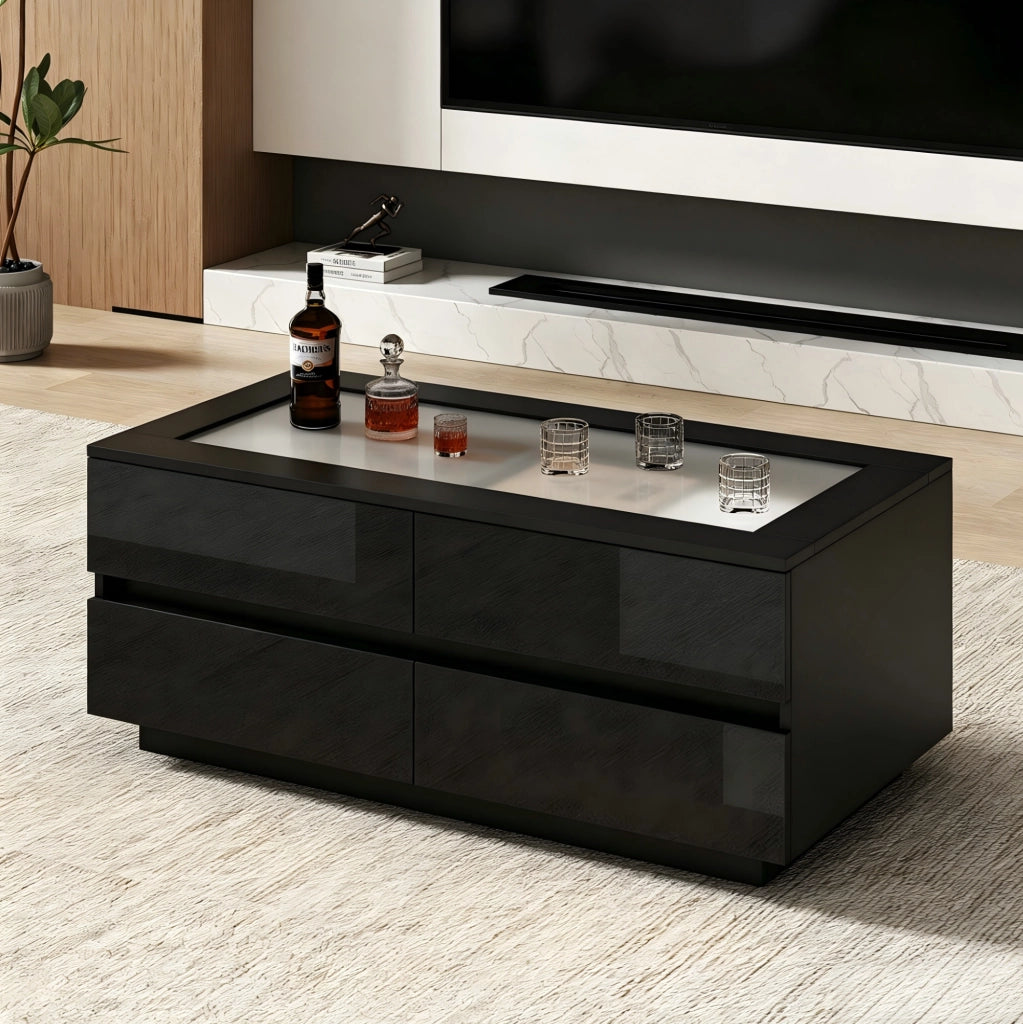 Tavolino da salotto nero 100x50x40 cm con 4 cassetti e LED