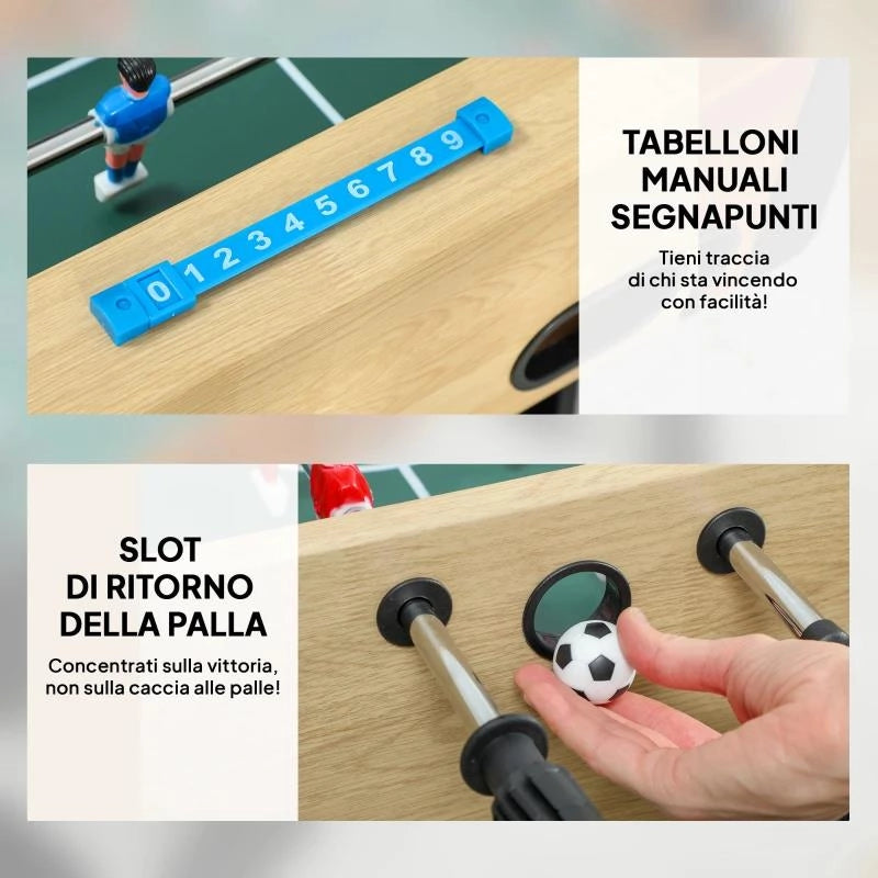 CALCIO BALILLA PIEGHEVOLE CON IMPUGNATURE ANTISCIVOLO, 2 PALLINE E SEGNAPUNTI, VERDE E COLOR LEGNO