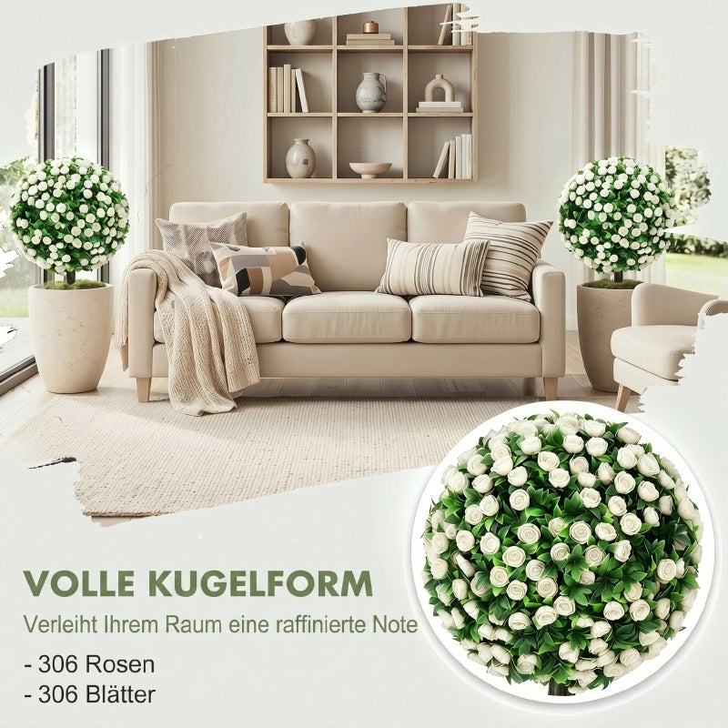 Sfere di rose artificiali, resistenti ai raggi UV per uso esterno, set di 2 roseli, 55 cm, bianche