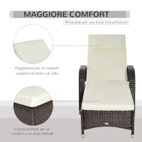 Lettino Prendisole da Giardino con Ruote, Sedia a Sdraio per Spiaggia con Altezza Regolabile in Rattan, Marrone e Crema, 200x73x103cm