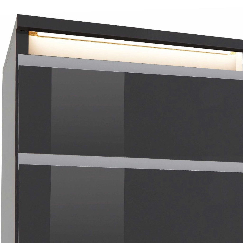 WHOUS Comodino MAGIC con Luce LED Bianca 50x40x65 cm - Comodino Moderno con 3 Cassetti e Manici in Alluminio - Comodino in Legno Riciclato Antracite Lucido