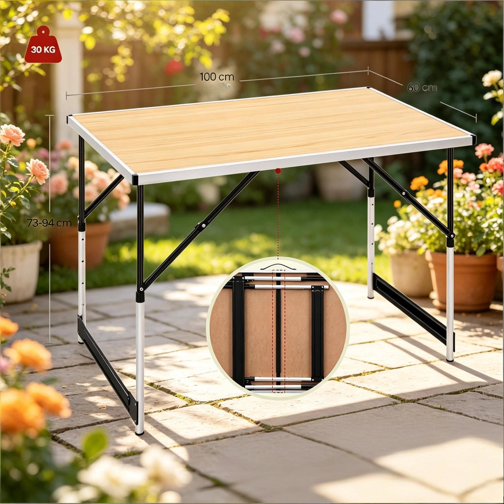 TAVOLO PIEGHEVOLE REGOLABILE 100x60 cm Alluminio e MDF Light Oak