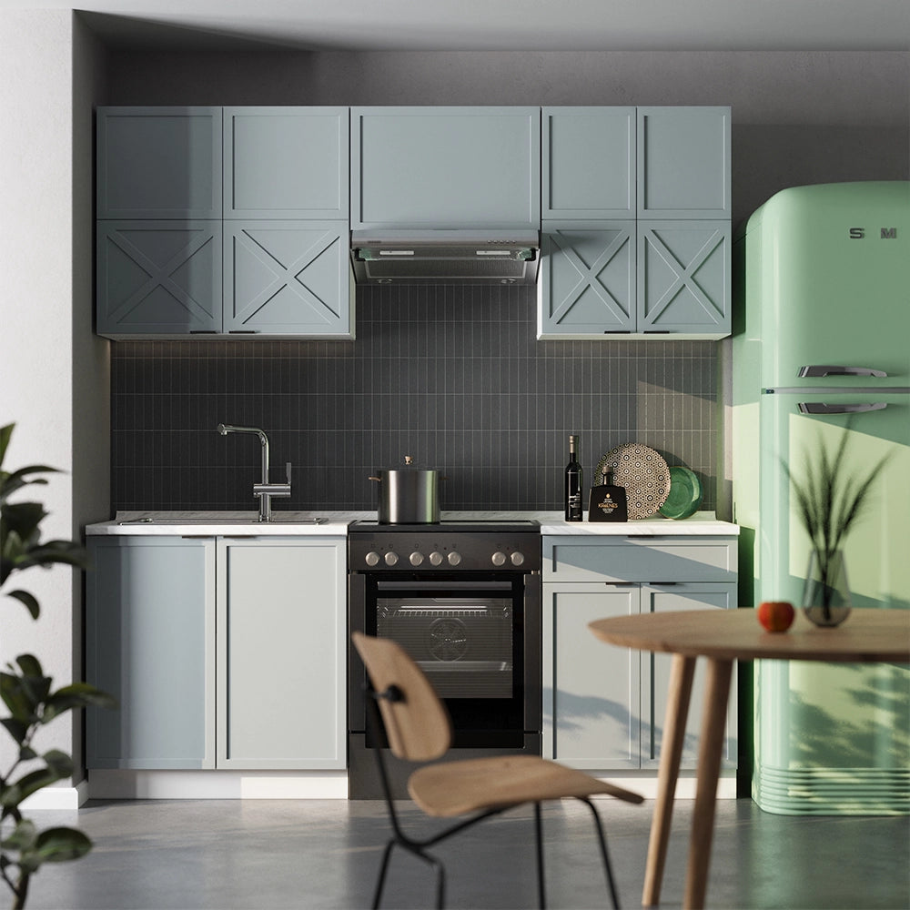 Cucina componibile Fame-Line Blu-grigio chiaro/Bianco 200 cm, PL Antracite Vicco