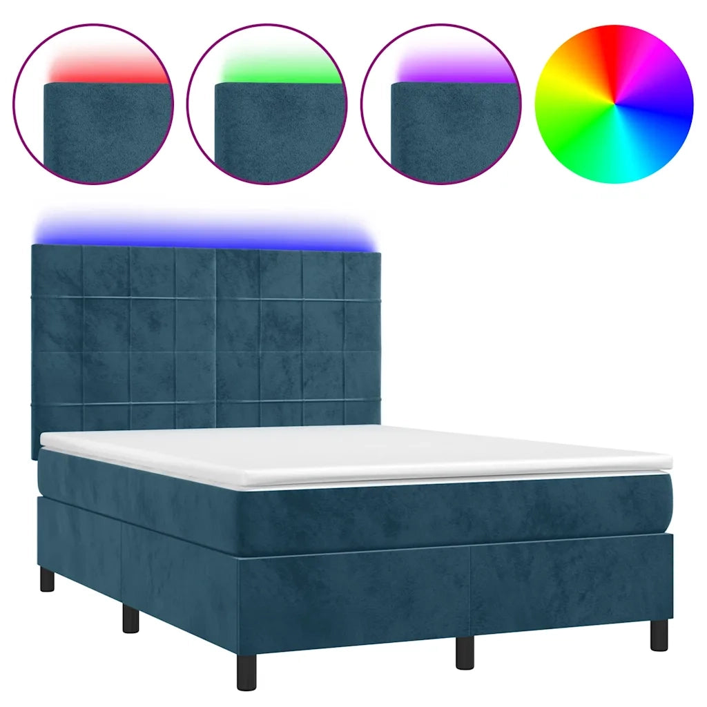 Letto a Molle con Materasso e LED Blu Scuro 140x190 cm