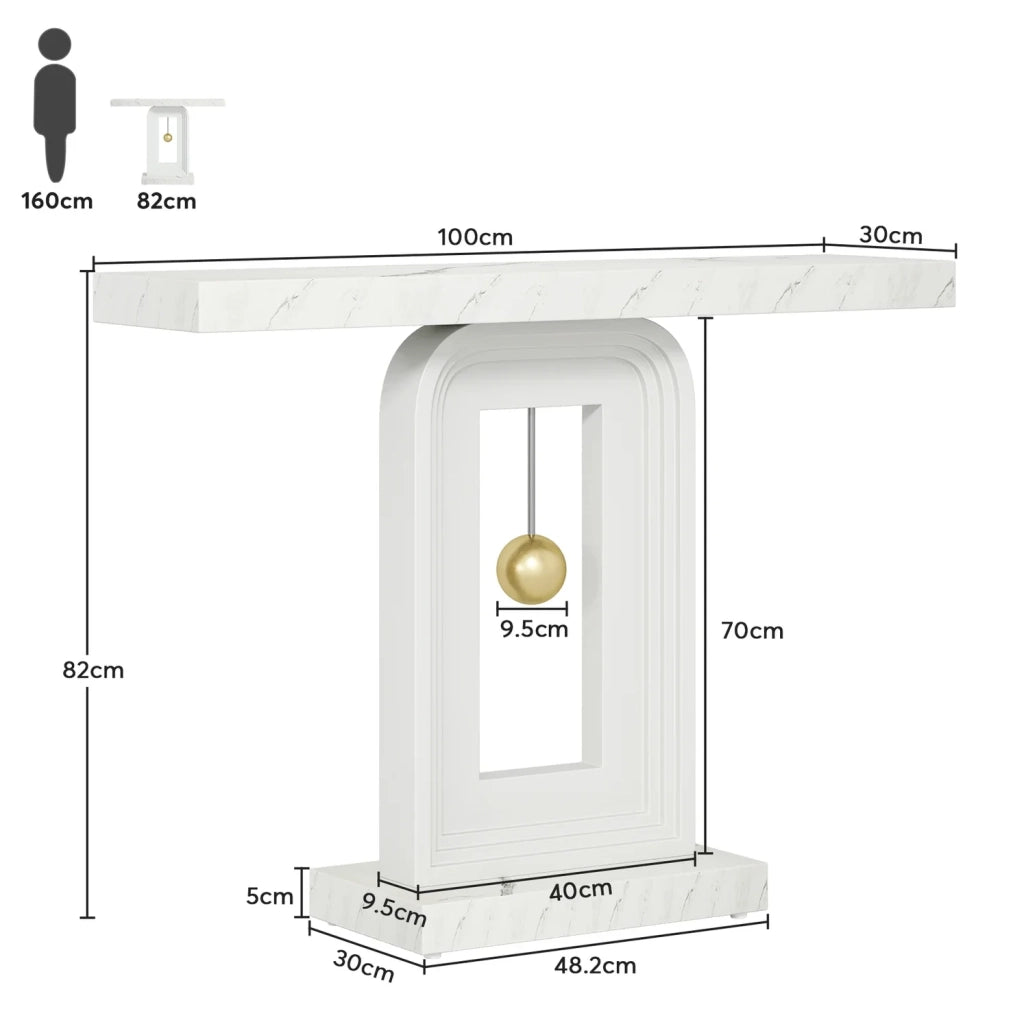 Tavolo consolle stretto 100 cm con base geometrica quadrata; marmo e MDF; bianco