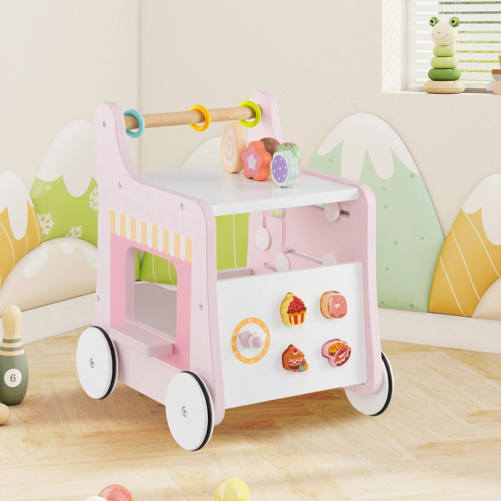 Carrello primi passi in legno con spazio di archiviazione, Carrello primi passi di dolci con gelati Rosa