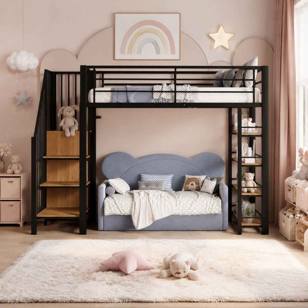 Letto a soppalco 90x200 cm in metallo nero con scala, armadietto e ripiani, portata 120 kg
