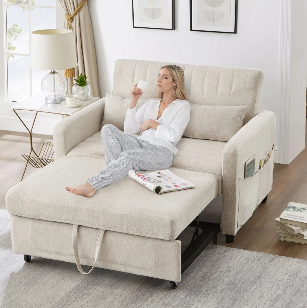 Divano letto 166x95 cm estraibile con schienale regolabile a 3 posizioni in schiuma e tessuto cotone-lino beige
