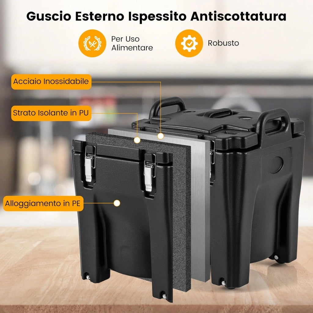 30 L Contenitore Termico Portatile per cibi e bevande, contenitore per alimenti in Acciaio Inox con 2 Maniglie e 4 Ruote, Thermos per Alimenti per Catering Campeggio, Nero
