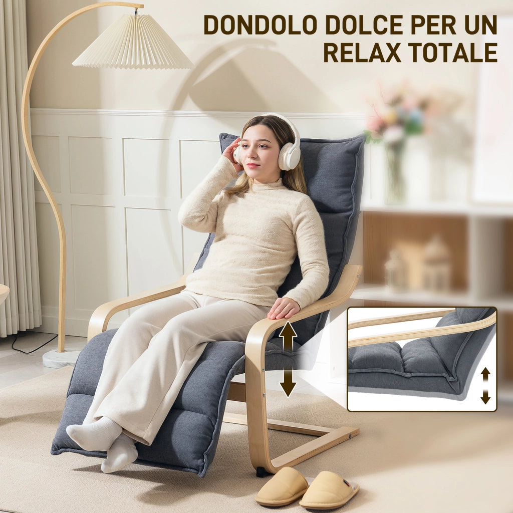 Poltrona Relax in Legno con Rivestimento in Velluto e Poggiapiedi Regolabile, Grigio Scuro