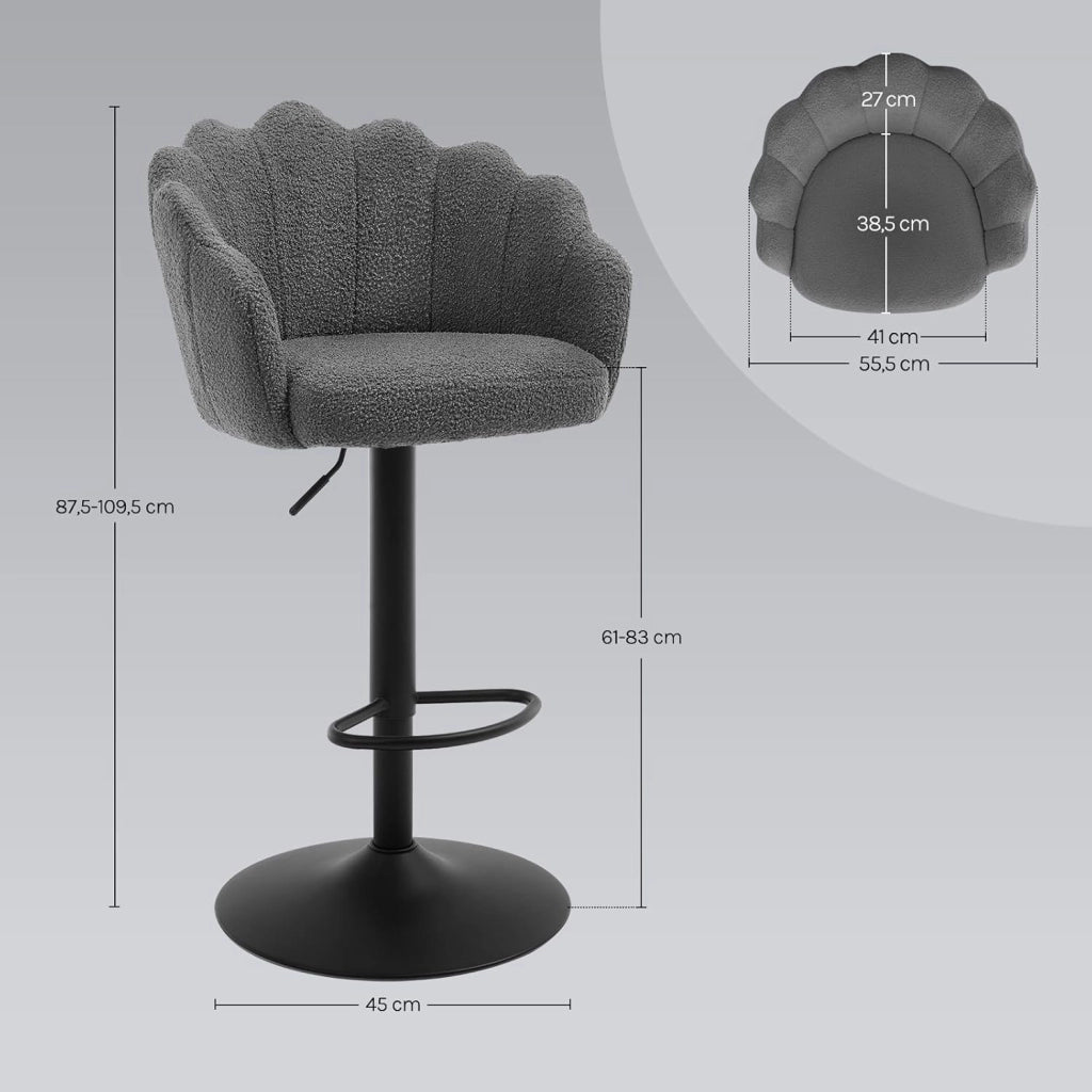Sgabelli Cucina Set di 2, Regolabile e Girevole a 360°, Seduta in Tessuto Teddy, con Schienale e Poggiapiedi, per Cucina, Sala da Pranzo, Bar, Grigio scuro