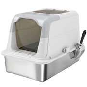 Cassetta igienica per gatti con coperchio, ingresso frontale e uscita superiore, acciaio inox, fino a 15 kg, bianco