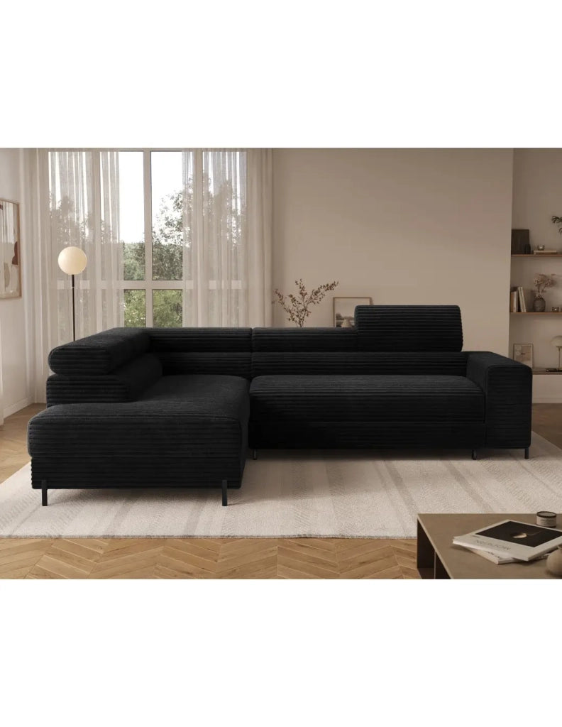 Divano ad angolo COLESIA convertibile 5 posti nero velluto a coste – sinistra – 274x200cm