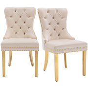 2 Sedie da Pranzo con Anello sullo Schienale; Borchie Decorative e Piedini Regolabili; Velluto; Beige