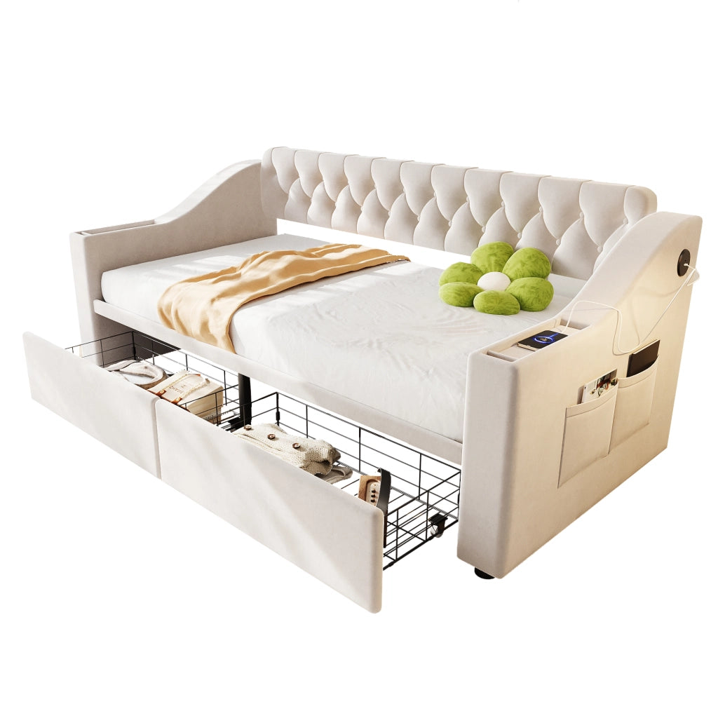 Letto divano con funzione letto in velluto beige 90x190 cm
