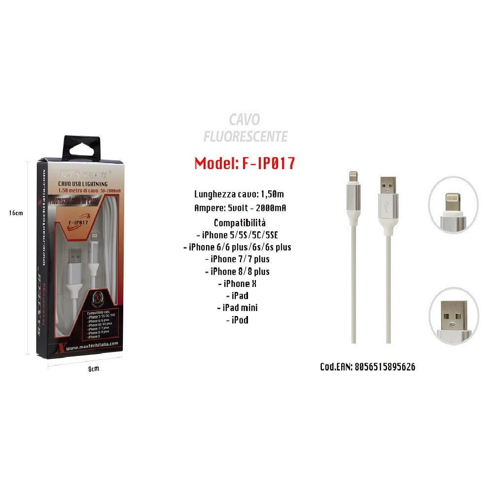 Trade Shop - Cavo Fluorescente Ricarica Per Iphone Ipad Ipod 1,50mt 5volt - 2000ma Maxtech F-ip017 -