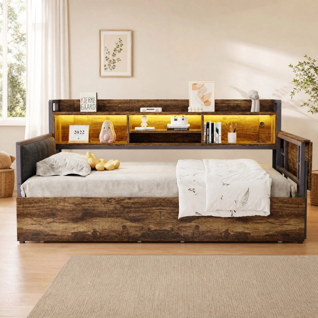 Letto multifunzione 90x200 cm in metallo con scrivania estraibile, LED, spazio contenitore e 2 cassetti, colore legno naturale